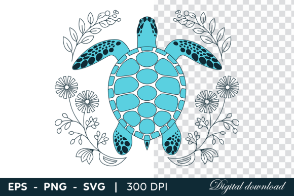 Blue Sea Turtle with Floral Decorative Graphics and Illustrations