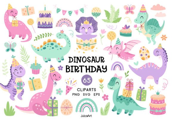Dinosaur Birthday Clipart, Birthday Girl Graphics and Illustrations