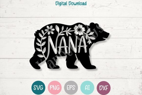Floral Bear Nana SVG PNG Silhouette for Graphics and Crafts