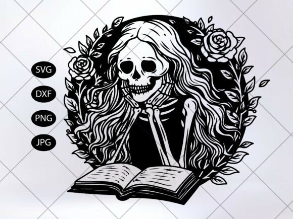 Floral Book Reading Female Skeleton SVG Graphics & Illustrations Review
