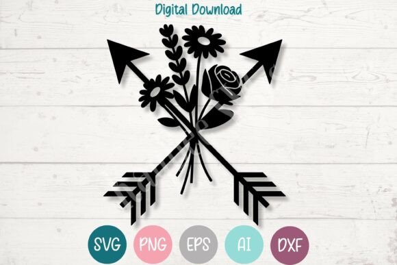 Floral Crossed Arrow SVG PNG Silhouette for Graphics and Crafts