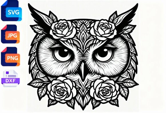 Floral Owl SVG Cut File Black and White for Graphics and Crafts