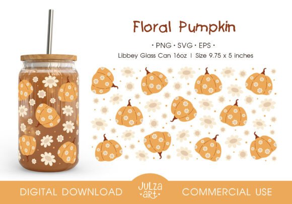 Floral Pumpkin 16oz Libbey Glass Can PNG