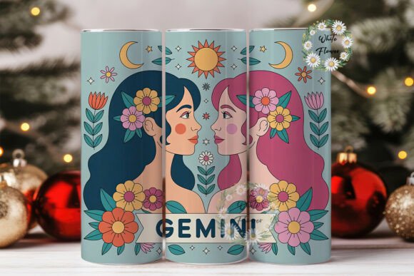 Gemini Zodiac Floral Tumbler Wrap Graphics for Branding