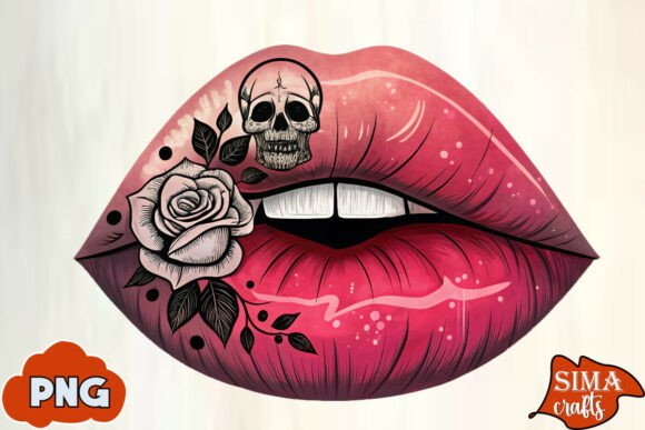 Lips Rose Black Theme Skull PNG Graphics for T-Shirt Designs