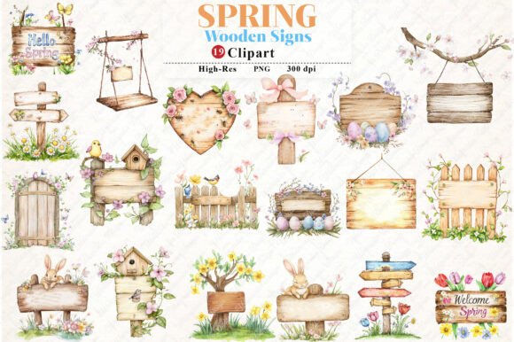Spring Wooden Signs Clipart for Graphics and Illustrations