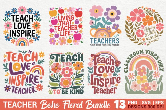 Teacher Boho Floral Sublimation Bundle: Fresh Graphics for Editorial Design