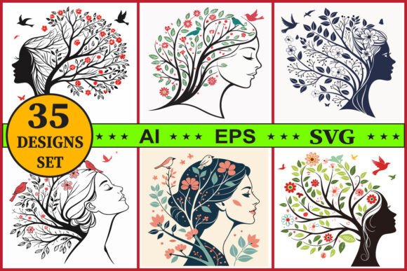 Tree Woman Floral Silhouette Bundle Set Graphics and Illustrations Review