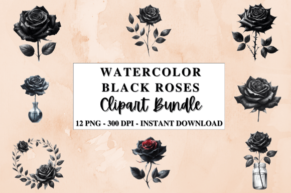 Watercolor Black Roses Clipart Bundle: Premium Graphics & Illustrations