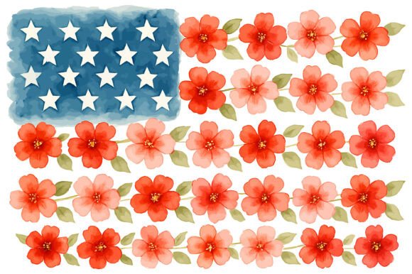 Watercolor Floral American Flag Graphics for Crafts